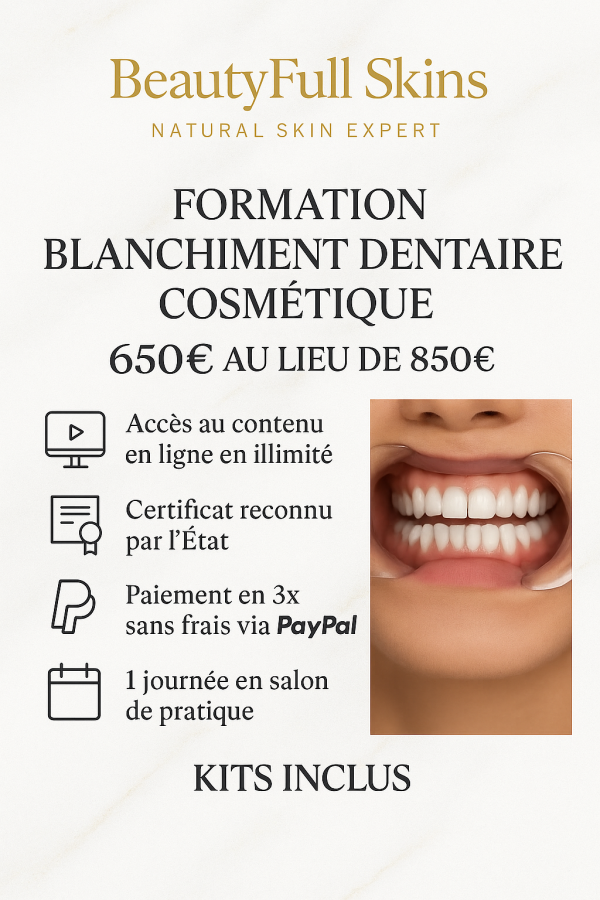 Formation Groupe Blanchiment Dentaire Cosmétique Kit inclus 
Les dates seront fixées en fonction de vos disponibilités